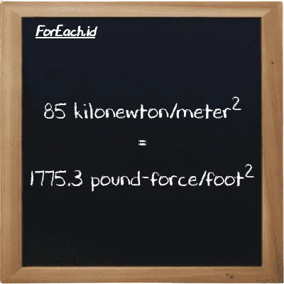 85 kilonewton/meter<sup>2</sup> is equivalent to 1775.3 pound-force/foot<sup>2</sup> (85 kN/m<sup>2</sup> is equivalent to 1775.3 lbf/ft<sup>2</sup>)